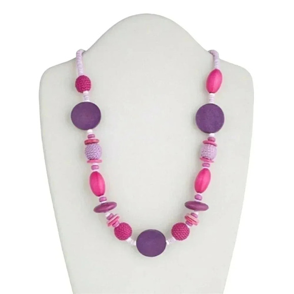 Handmade Pink Purple Ethnic Wood Clam Shell Long Necklace - Picture 1 of 1